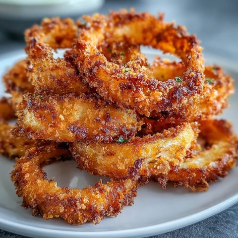 Oven-baked onion rings served with creamy, smoky paprika dip, a healthier twist on the classic fried favorite.  