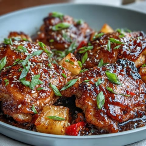 Sticky Honey Garlic Chicken Pineapple Skillet with tender glazed chicken, sweet pineapple, and crisp bell peppers in a savory-sweet sauce.