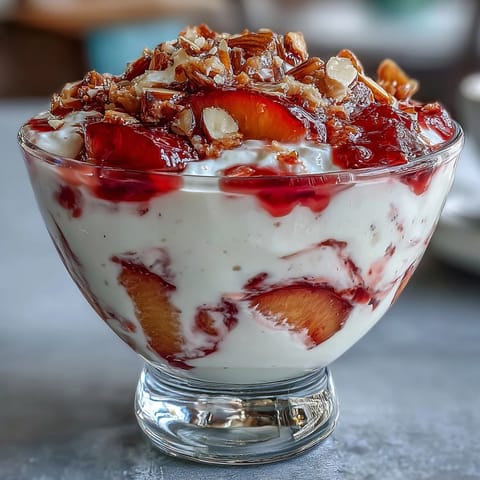 Fluffy yogurt peach Melba cups with toasted almonds in clear glasses, showcasing layers of creamy yogurt, juicy peaches, and tangy raspberry sauce topped with golden almonds.