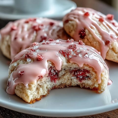 Soft strawberry sugar cookies with pink icing, fresh berries, and a glossy glaze, perfect for spring celebrations and dessert tables.