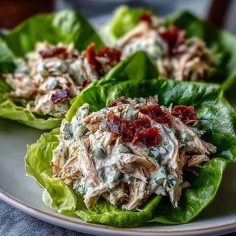 Healthy Easy Chicken Salad Lettuce Wraps filled with creamy Greek yogurt dressing and crisp vegetables. Fresh lettuce leaves wrap tender chicken salad for a light, satisfying meal. Nutritious chicken salad lettuce wraps featuring crunchy celery, bell pepper, and a tangy lemon-Dijon dressing. Bright and colorful Healthy Easy Chicken Salad Lettuce Wraps with diced chicken, fresh herbs, and optional nuts for extra texture.