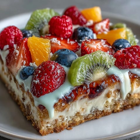 Colorful Summer Party Fruit Pizza with Cookie Crust topped with fresh strawberries, blueberries, and kiwi slices on creamy frosting.