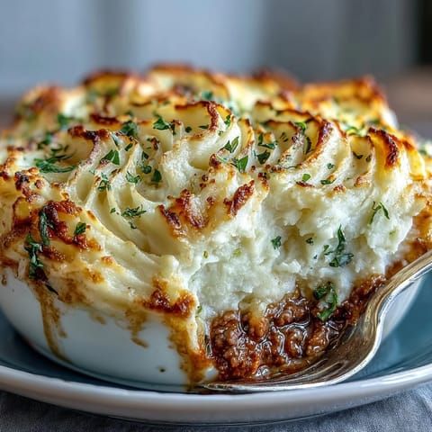 Classic Shepherd's Pie with Cauliflower Mash Topping, a comforting British casserole with savory ground lamb and creamy low-carb cauliflower mash.