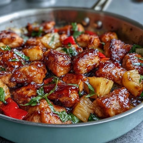1. Sweet and sour chicken pineapple skillet with tender chicken, bell peppers, and juicy pineapple in a vibrant sauce, all cooked in one pan for a quick dinner.  