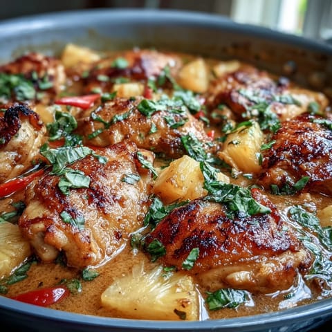 A vibrant one-pan chicken pineapple coconut curry with tender chicken, juicy pineapple, and creamy coconut milk simmered in aromatic spices.
