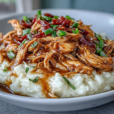 Slow Cooker Mississippi Chicken with Garlic Mashed Potatoes in a creamy, savory sauce served over buttery mashed potatoes.  