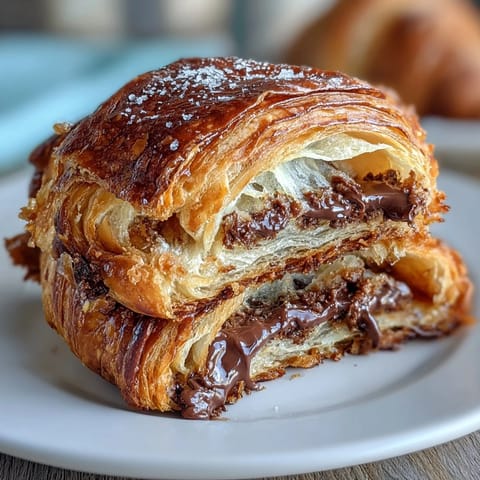 Golden sourdough croissants with dark chocolate filling, flaky layers and buttery aroma, perfect for an elegant breakfast or brunch treat.