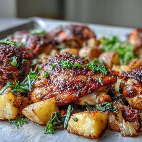Easy Sheet Pan Chicken & Veggie Dinner with juicy chicken thighs and roasted potatoes and carrots on a single pan.