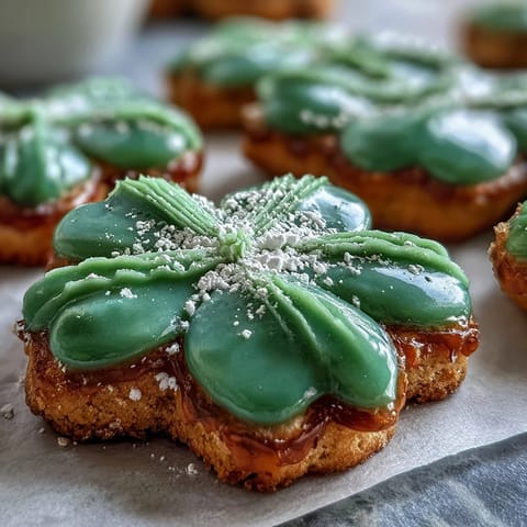 Festive St. Patrick's Day shamrock sugar cookies with smooth green royal icing and a sprinkle of sugar crystals.