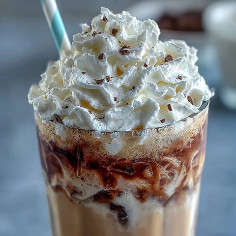 Iced Vanilla Bean Frappuccino with Coconut Whipped Cream in two tall glasses, creamy and frothy with a generous swirl of fluffy coconut cream on top.