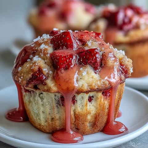 Golden strawberry muffins with fresh berries and a glossy lemon glaze, ideal for a cozy breakfast treat.