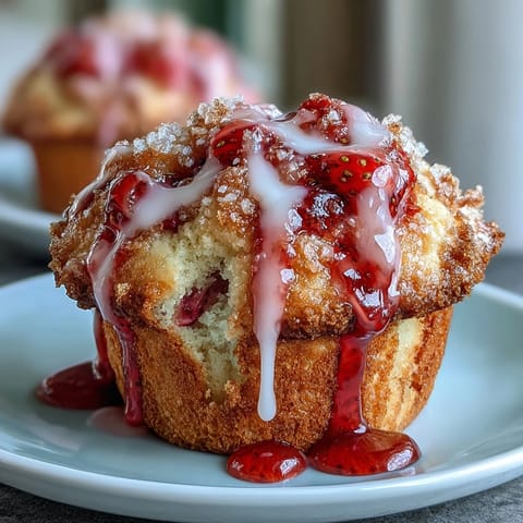 Fluffy muffins bursting with juicy strawberries, finished with a sweet-tart lemon drizzle for a delightful snack.