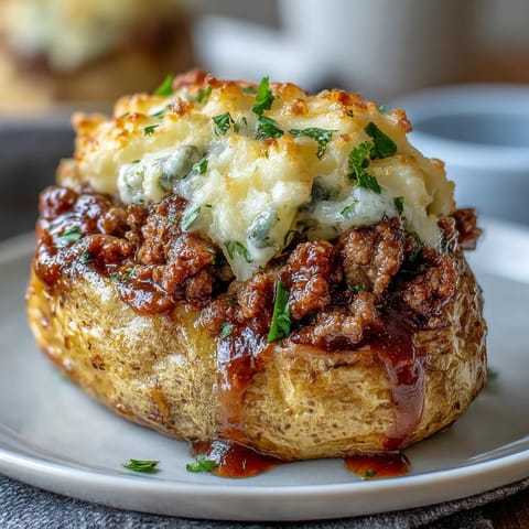 Golden baked potatoes stuffed with savory ground beef, vegetables, and creamy mashed potato topping, a comforting twist on classic shepherds pie.  