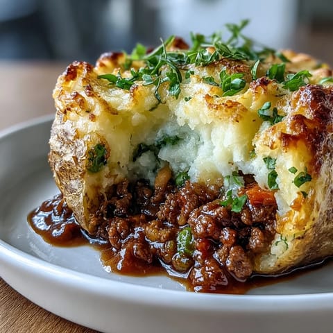 Fluffy russet potatoes filled with hearty meat and vegetable mixture, crowned with smooth mashed potatoes for a cozy dinner.  