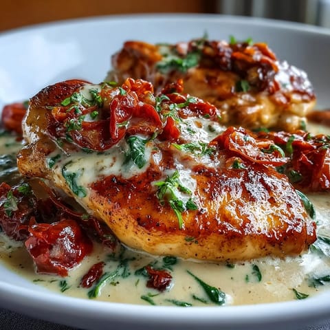 Creamy Tuscan Chicken Skillet with golden seared chicken in a rich garlic cream sauce, sun-dried tomatoes, and wilted spinach.  
