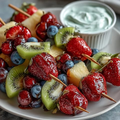 Fun Kid Lunch Bento Box with Fruit Skewers and Dip: colorful skewers of strawberry, pineapple, and kiwi paired with creamy yogurt dip and fresh veggie sides.  