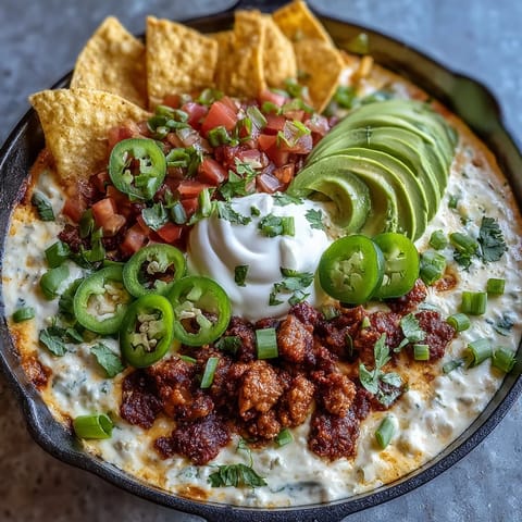 Festive Cinco de Mayo Loaded Queso Dip with spicy chorizo, fresh pico de gallo, and creamy melted cheese.