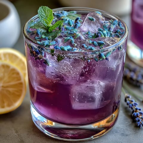 Iced lavender lemonade with fresh mint in a glass, garnished with lemon slices and mint sprigs, refreshing summer drink.