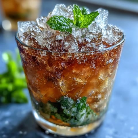 A refreshing non-alcoholic Kentucky Derby Mint Julep Mocktail with vibrant green mint leaves and sparkling water over crushed ice