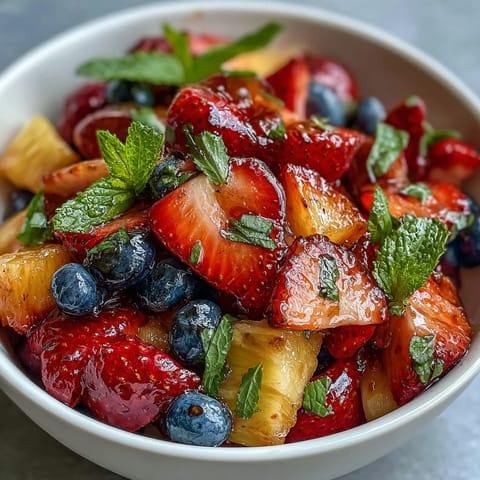 Vibrant bowl of strawberry lemonade fruit salad with fresh strawberries, blueberries, and watermelon tossed in a zesty lemon-honey dressing.