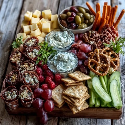 Colorful appetizer platter featuring cheddar cubes, salami, fresh veggies, and chocolate pretzels, arranged for a memorable graduation celebration.