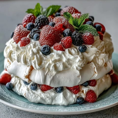 A stunning Mothers Day dessert with a delicate pavlova base, fluffy whipped cream, and a medley of fresh strawberries, blueberries, and raspberries.