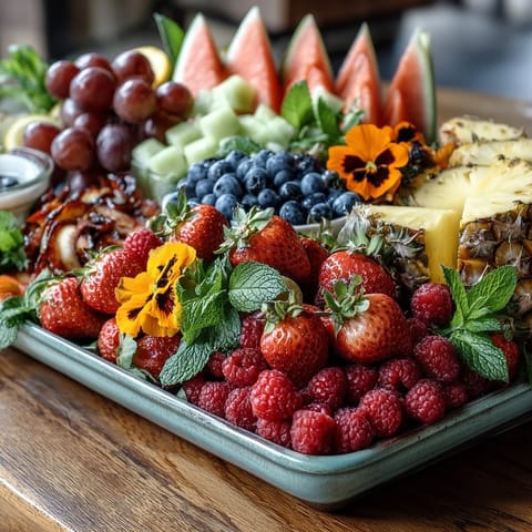 A vibrant spread of fresh fruit and edible flowers, ideal for a healthy, eye-catching party centerpiece.