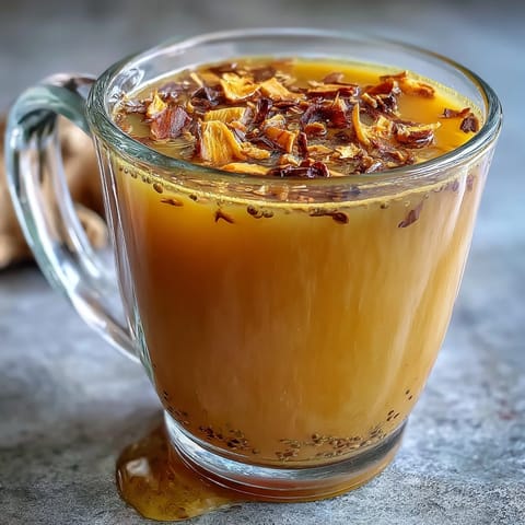 A steaming mug of dandelion root tea with ginger and turmeric, infused with warming spices and citrus zest.