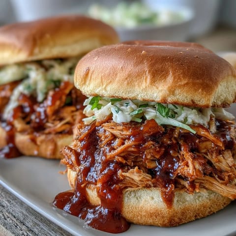 Juicy pulled BBQ chicken piled high on soft brioche buns, perfect for summer cookouts and family dinners.  