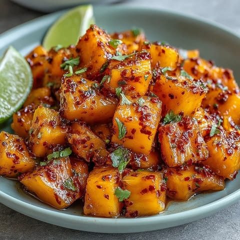 Fresh mango, pineapple, and watermelon cups with zesty lime and chili seasoning for a refreshing tropical snack.