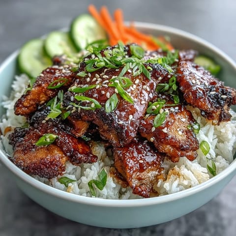 Savory Sticky Chicken Rice Bowl featuring juicy chicken, fresh garnishes, and glossy glaze.