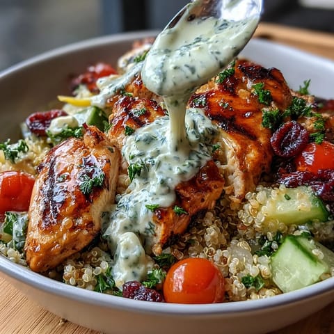 Vibrant high protein bowl with grilled chicken, fresh veggies, and creamy lemon yogurt dressing.