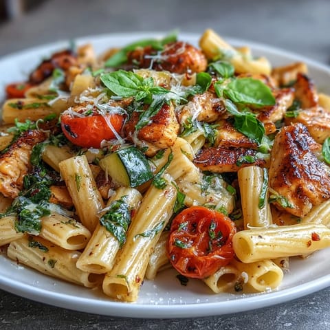 Healthy High Protein Pasta: vibrant vegetables tossed with tender chicken and pasta.