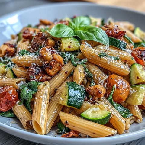 Easy Healthy High Protein Pasta: a steaming skillet of pasta, chicken, and fresh cherry tomatoes.