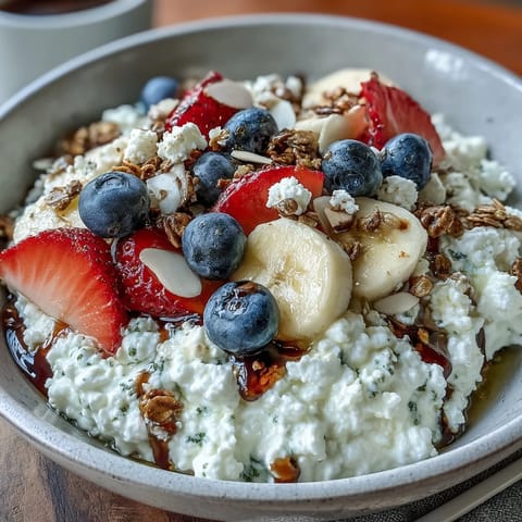Hearty cottage cheese breakfast bowl, a protein-rich start with fresh fruit.