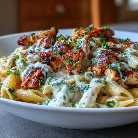 Creamy High Protein Chicken Pasta dish with tender chicken and herbs.
