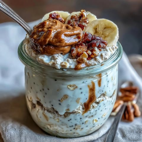 Creamy high protein overnight oats topped with fresh berries and chia seeds, ideal for fat loss and meal prep.