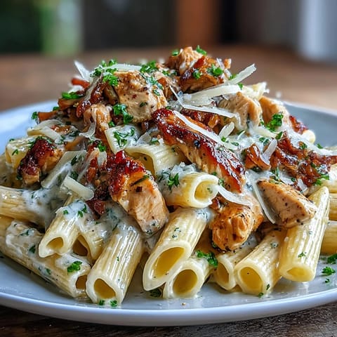 Creamy High Protein Chicken Pasta with tender chicken and whole wheat pasta in a light garlic cream sauce.