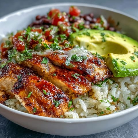 Vibrant burrito bowl featuring smoky grilled chicken, cilantro-lime rice, hearty black beans, and zesty tomato salsa, perfect for healthy meal prep.