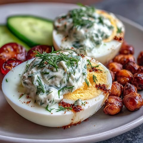 A colorful plate of hard-boiled eggs, fresh veggies, and creamy yogurt dip for a healthy protein boost.