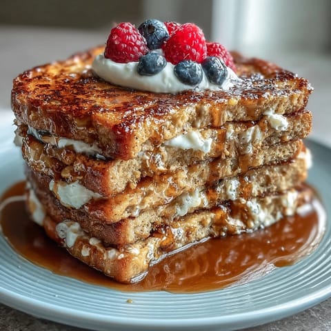 Fluffy protein French toast with golden cinnamon crust, topped with fresh berries and a drizzle of sugar-free syrup.  