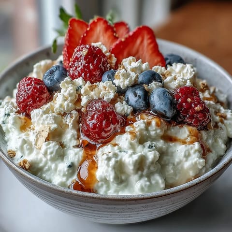 Creamy cottage cheese breakfast bowl topped with fresh berries, crunchy granola, and a golden honey drizzle for a wholesome morning treat.