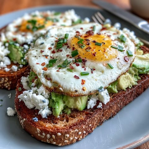 Fluffy egg white and creamy avocado spread on toasted whole grain bread, garnished with fresh herbs and a chili flake kick.