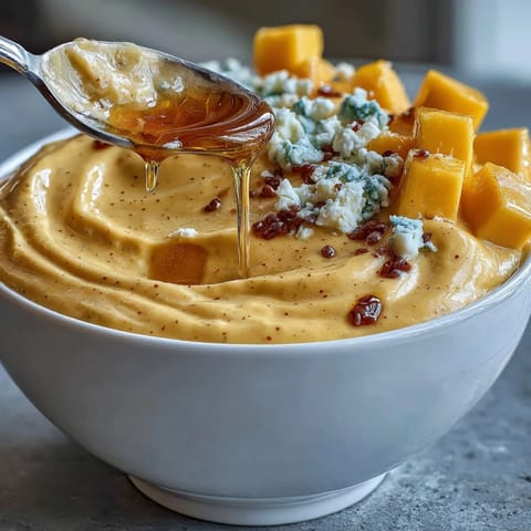 Creamy protein smoothie bowl with tropical mango flavor, garnished with chia seeds and coconut flakes.