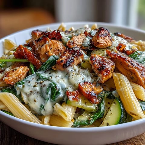 High-protein pasta dish featuring lean chicken breast, zucchini, and spinach in a light yet satisfying Greek yogurt sauce.  
