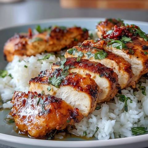 High protein chicken and rice meal prep with seasoned chicken breast and colorful vegetables in a glass container.