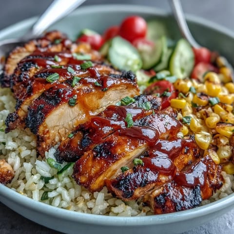 Vibrant BBQ chicken bowl featuring juicy chicken, colorful veggies, and light BBQ drizzle.  