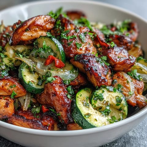 Sautéed zucchini and chicken breast in a smoky paprika seasoning, served in a colorful, protein-packed bowl.  