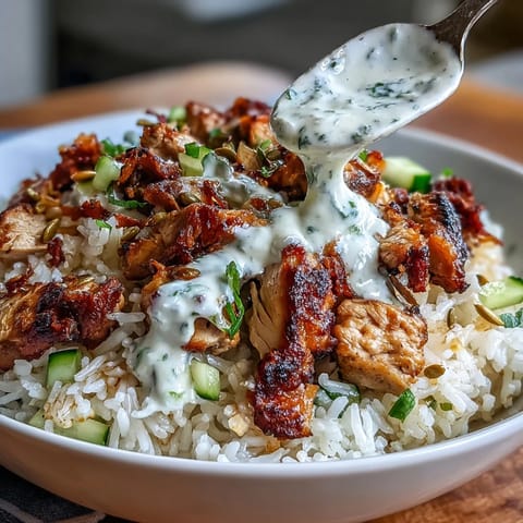 High protein chicken rice bowl with garlic sauce, featuring grilled chicken, fluffy rice, and creamy yogurt drizzle.