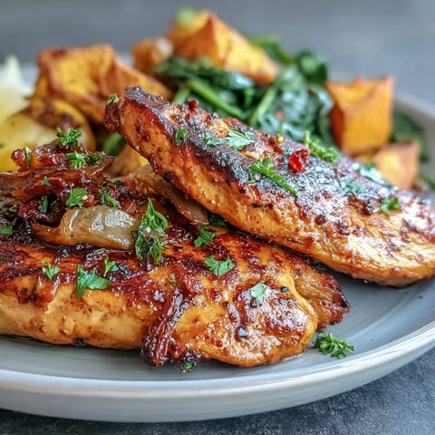High protein chicken and sweet potato plate with juicy roasted chicken, golden sweet potatoes, and tender spinach, perfect for a healthy meal.